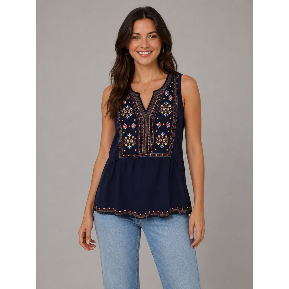 Christian Siriano New York Embroidered Sleeveless Boho Tunic Top Navy Medium